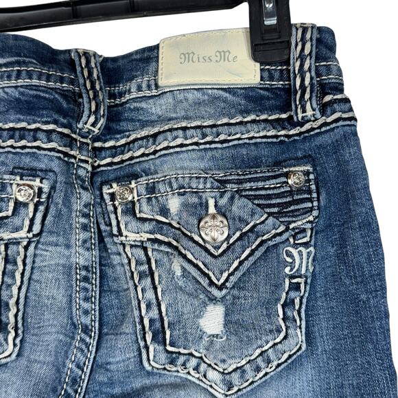Miss Me SZ 26 Mid-Rise Boot Jeans Distressed Whiskered Stretch Zip-Fly Pockets - Picture 8 of 12